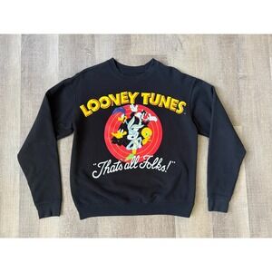 Looney Tunes Black Crewneck Sweatshirt Womens S/M Bugs Bunny Tweety Graphic Top‎